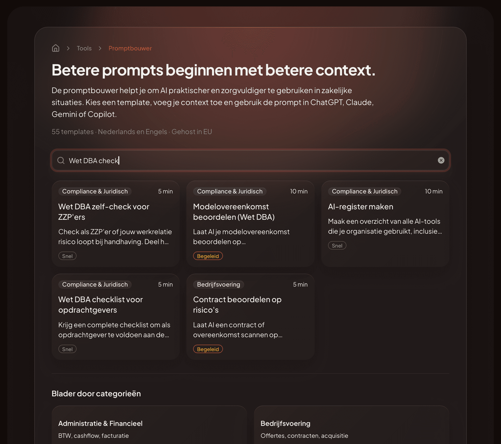 Screenshot van de Viabari promptvuller met Wet DBA templates